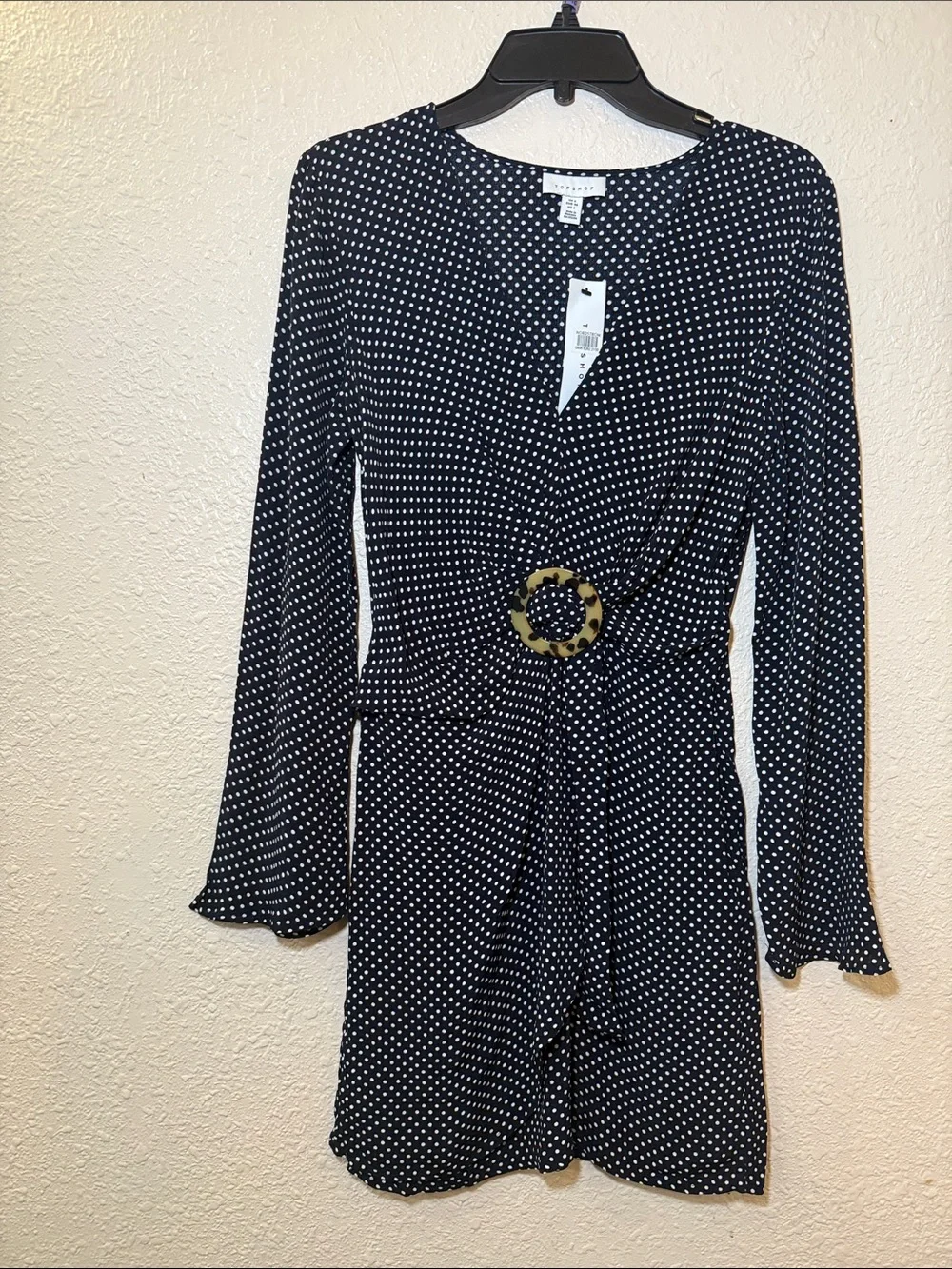 Topshop Black and White Polka Dot Long-Sleeve Wrap Romper with Buckle